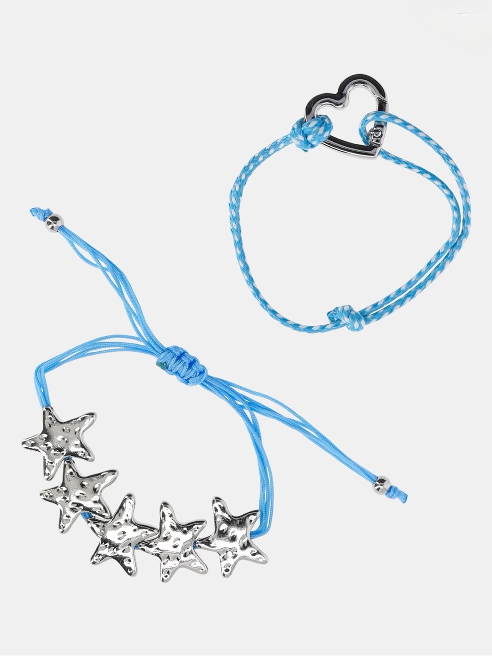 Silver Hammered Star and Heart Pull-Through Blue Cord Bracelets, 2-Pack